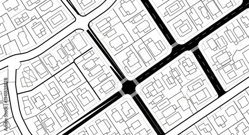 Detailed Black and White City Plan Illustration with Roundabout.