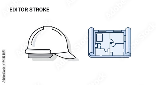 Line art icons of white construction safety hard hat and architectural building floor plan blueprint.