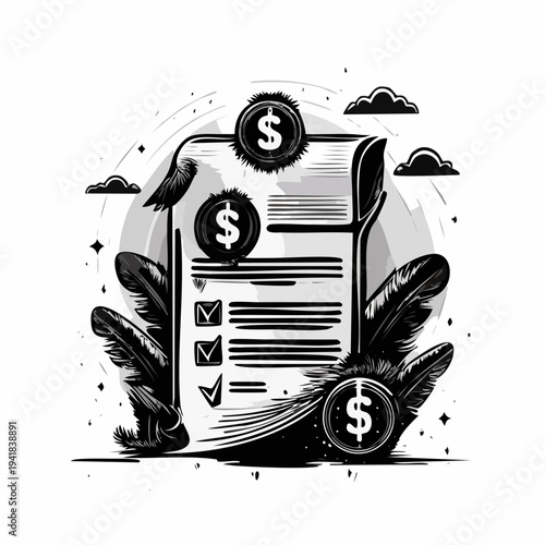 Black and white dollar contract document.