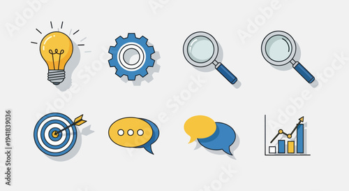 Collection of Business and Strategy Icons: Lightbulb Gear Magnifying Glasses Target Speech Bubbles and Graph.