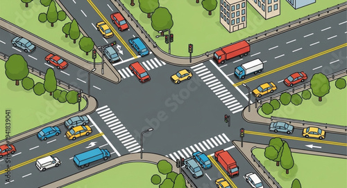 Aerial View of a Busy City Intersection with Traffic.