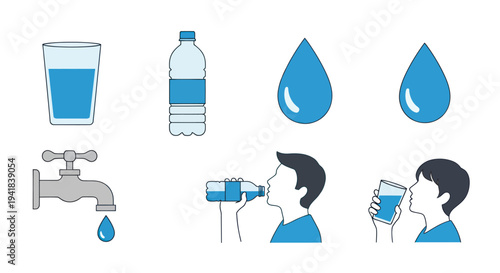 Various Representations of Fresh Clean Drinking Water in Different Forms.