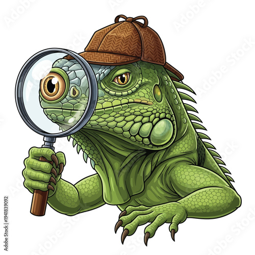 Cartoon Green Iguana Detective Character Wearing Deerstalker Hat and Holding Magnifying Glass