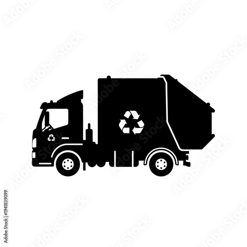 Garbage Truck Silhouette with Recycling Symbol.