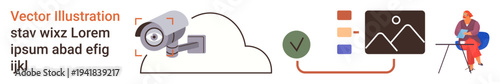 Cybersecurity, data privacy, cloud storage, visual media, verification systems, digital interfaces. Includes a surveillance camera, cloud icon, verification check image preview and person working