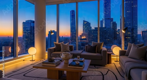Modern living room with cityscape view at sunset luxury apartment interior
