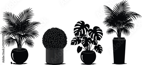 Potted plants silhouette illustration vector decorative botanical home decor design graphics, variation concept, black and white creative art collection