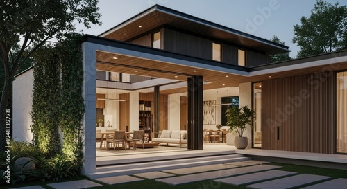 Modern luxury home exterior design with outdoor living space and large windows