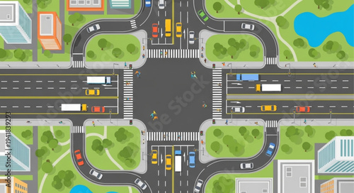 Aerial View of a Busy City Intersection with Traffic.