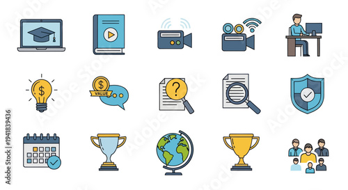 Collection of Education Business and Technology Icons with Outline Style.