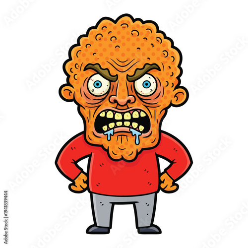 Ugly Angry Cartoon Man with Drool and Orange Textured Skin - Grotesque Character Illustration