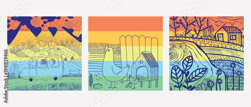 A joyful rural landscape with fiels,textured hills, hand drawing vector illustration. Doodle village and farmyard childish style with minimalist colors.