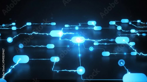Digital Network Connection with Glowing Blue Nodes and Lines Representing Data Flow and Communication.