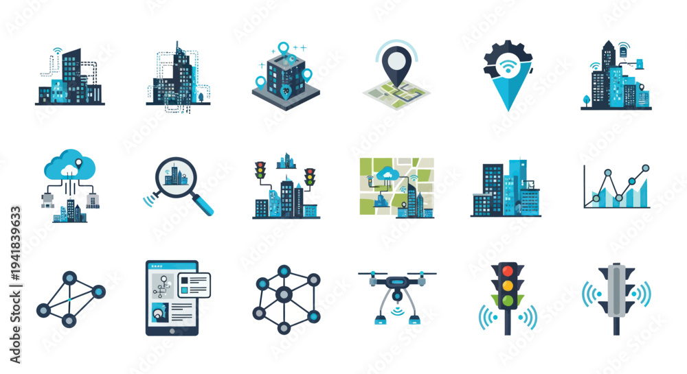 Fototapeta premium Collection of Smart City Icons Representing Modern Technology and Data.