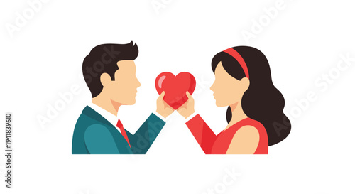 A formally dressed man and woman, facing each other in profile, are tenderly holding a vibrant red heart together against a simple white background.
