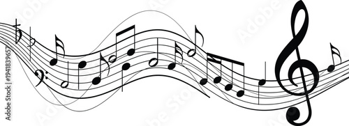 Musical staff illustration vector rhythm notation art design graphics, treble bass clef flowing notes concept, black and white creative collection