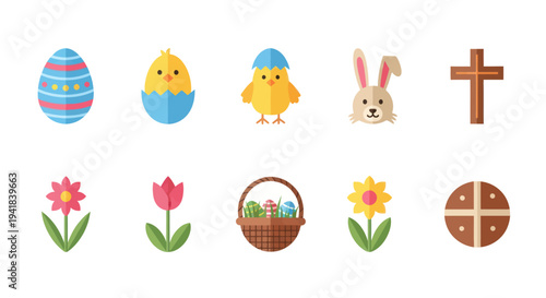 Colorful Easter Holiday Icons Collection with Eggs Chicks Bunny Cross Flowers Basket and Bun.