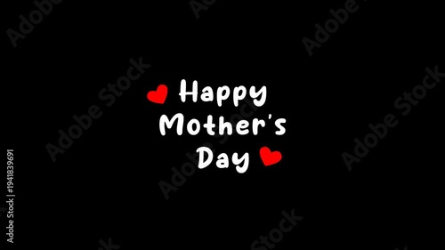 A heartfelt message wishing 'Happy Mother's Day' in white script with two small red hearts on a plain black background, celebrating mothers.