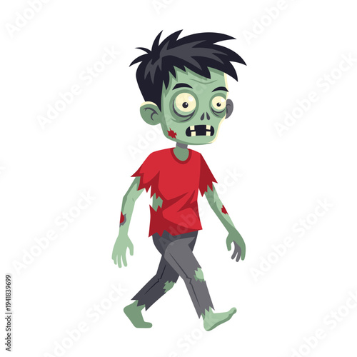 Walking Zombie Cartoon Character Illustration with Ripped Clothes, Spooky Halloween Monster Graphic