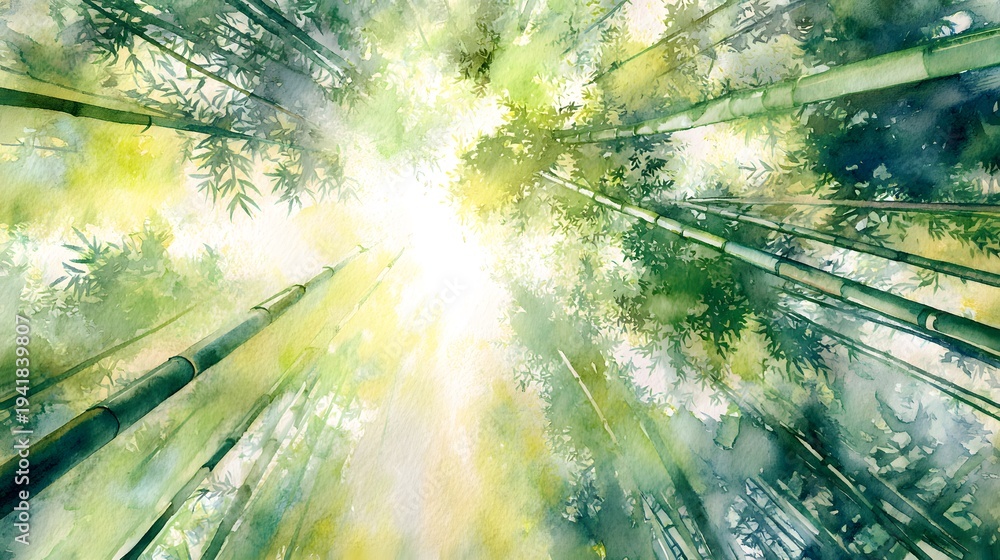 Obraz premium Serene watercolor bamboo forest canopy illustration evokes peaceful nature’s tranquil beauty