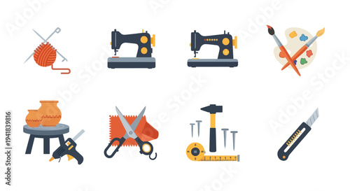 Assorted Crafting Tools and Supplies Isolated on White Background.