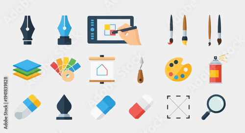 Flat vector icons of graphic design and art tools including digital tablet brushes color palette and erasers.