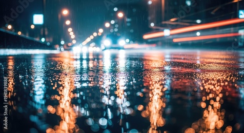 Night road with reflections of city lights and vehicle movement blur