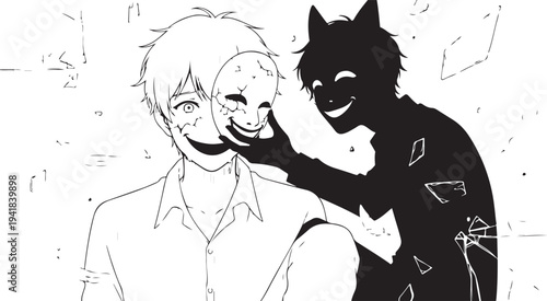 Vector illustration of smiling man and dog in contrasting black and white