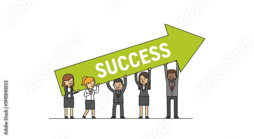 A diverse team of cartoon business people working together to hold up a large green arrow labeled success.