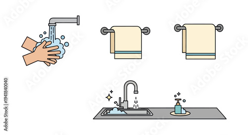 Hand washing clean towels and kitchen sink hygiene essentials illustration set.