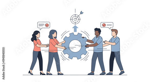 Team of Four People Working Together on Gear Towards Goal.