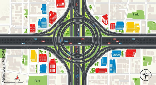 Aerial View of a Complex Highway Interchange with Buildings.
