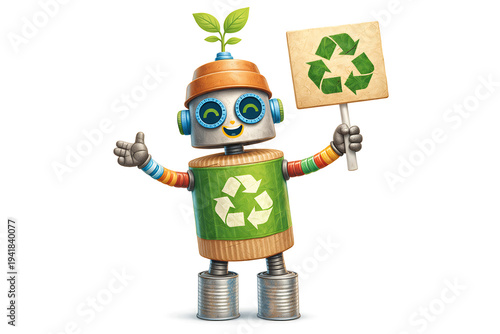 Earth Day recycling robot mascot character, eco friendly sustainability technology illustration vector