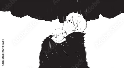 Vector illustration of a man holding a baby under an umbrella in the rain