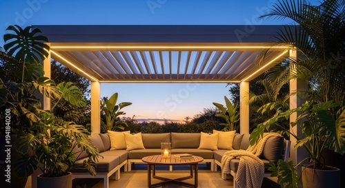 Outdoor lounge area with comfortable seating and ambient lighting at twilight