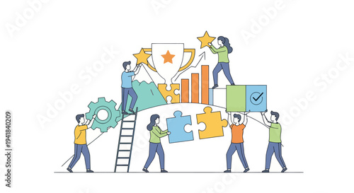 Teamwork Building Success: Collaborative Illustration with Diverse Figures.