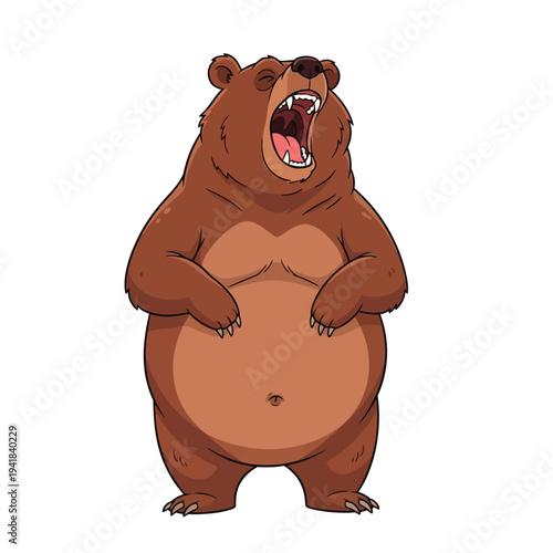Cartoon Brown Bear Yawning Widely Showing Teeth and Tongue Standing Upright on White Background