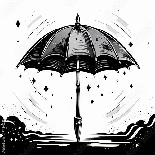 Umbrella with Raindrops and Swirling Motion.