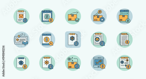 A collection of circular flat line business icons representing logistics secure payments and data management.