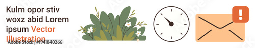 Productivity, communication, organization, email notifications, scheduling, environmental . Greenery, clock and email with alert icon. Productivity and communication concept