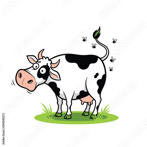 Cartoon Black and White Cow Bothered by Flies Standing in Green Grass