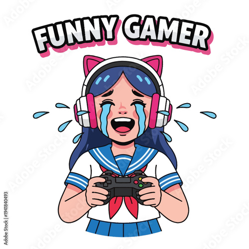Crying Girl Gamer with Cat Ear Headphones and Controller, 'Funny Gamer' Anime Style Illustration