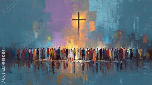 Abstract Crowd Gathered Around Illuminated Cross in Colorful Spiritual Landscape