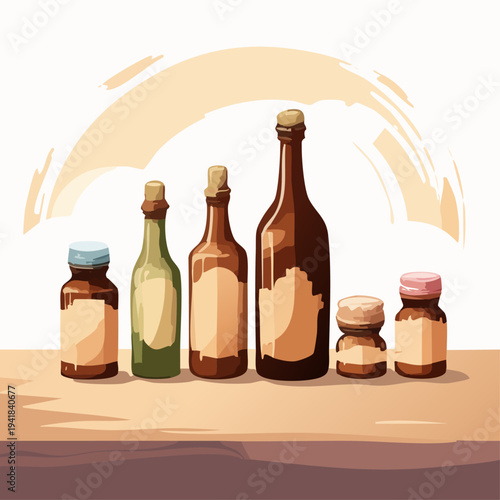 Brown glass bottles on a table.