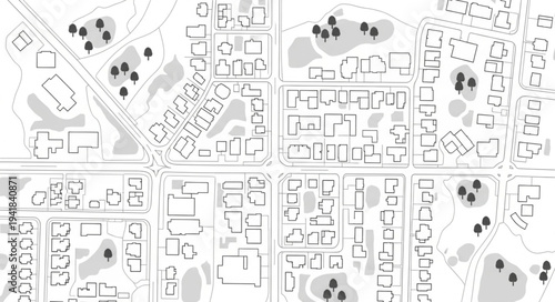 Overhead view of a city plan with buildings and green spaces.