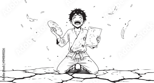 Vector illustration of a man in a martial arts uniform holding objects on cracked ground