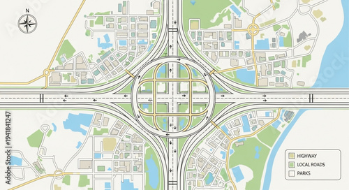 Detailed Aerial View of a Complex Urban Interchange System.
