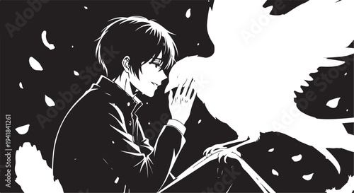 Black and white manga style illustration of a man with a dark background