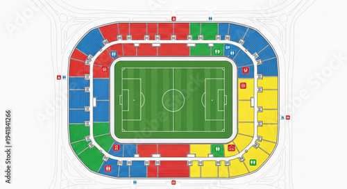 Overhead View of a Colorful Soccer Stadium Seating Chart.