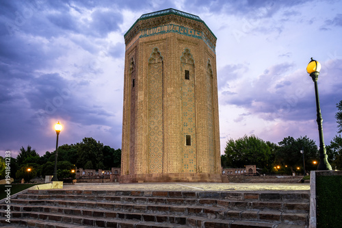 Momine Khatun Mausoleum standing tall during blue hour in Nakhchivan